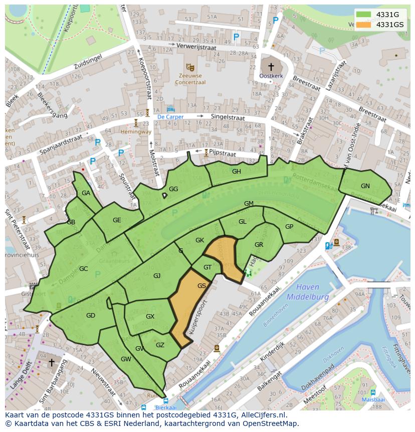 Afbeelding van het postcodegebied 4331 GS op de kaart.