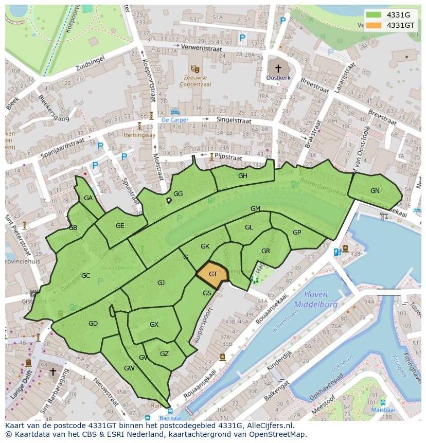 Afbeelding van het postcodegebied 4331 GT op de kaart.