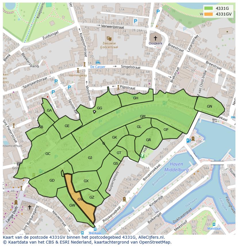 Afbeelding van het postcodegebied 4331 GV op de kaart.