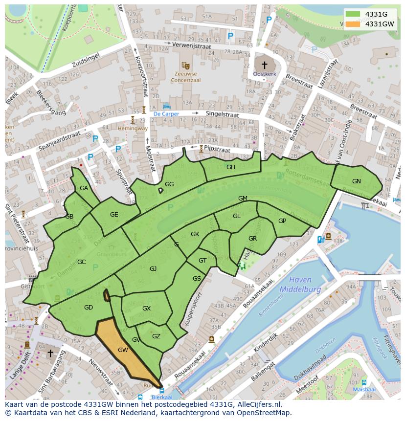 Afbeelding van het postcodegebied 4331 GW op de kaart.