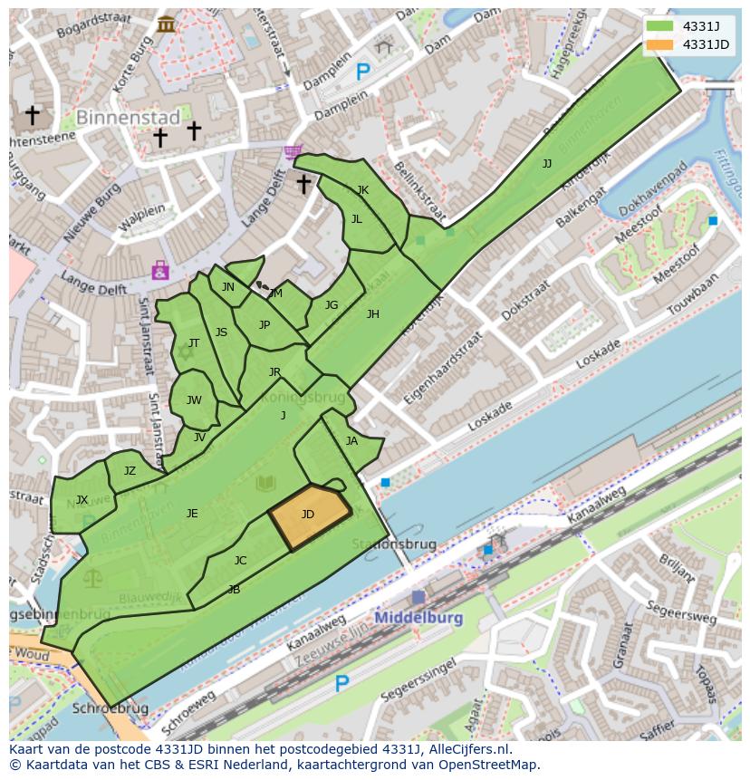 Afbeelding van het postcodegebied 4331 JD op de kaart.
