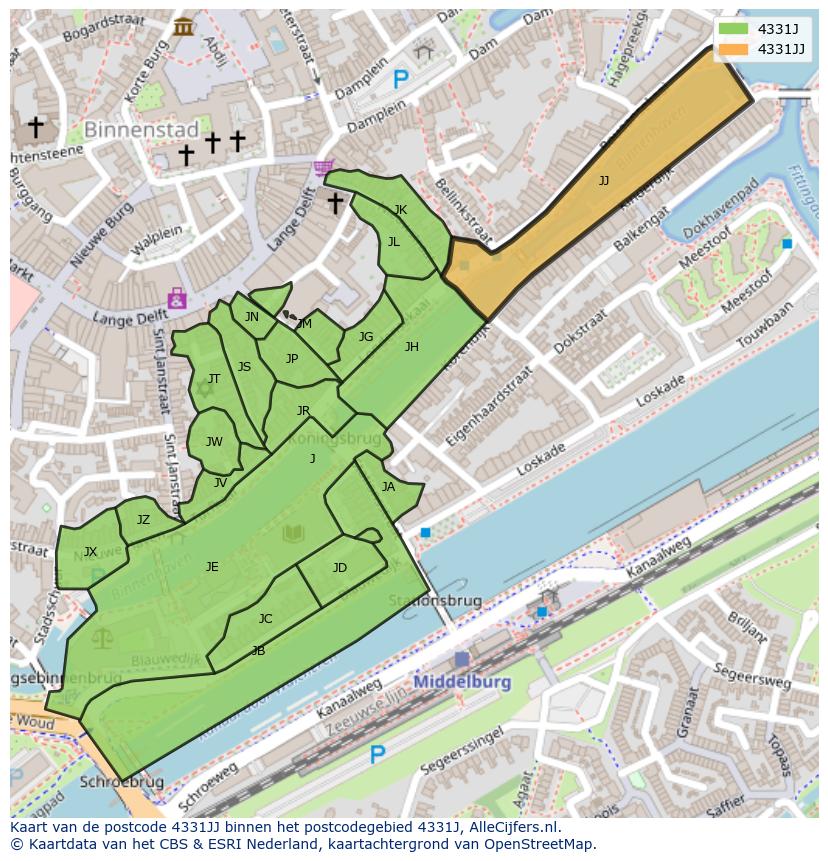 Afbeelding van het postcodegebied 4331 JJ op de kaart.