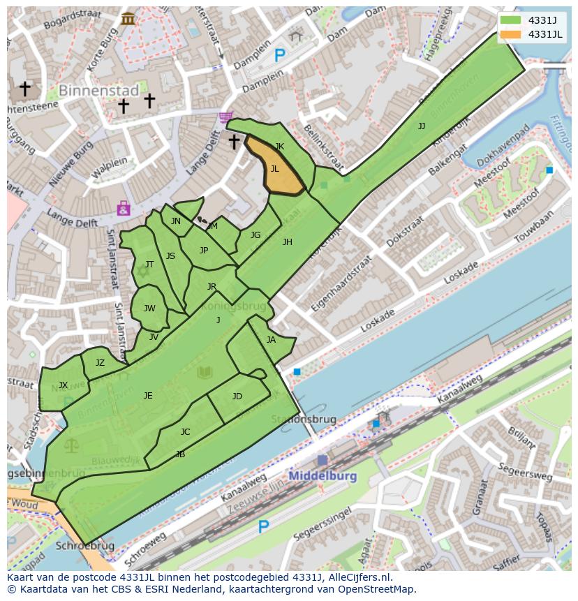Afbeelding van het postcodegebied 4331 JL op de kaart.