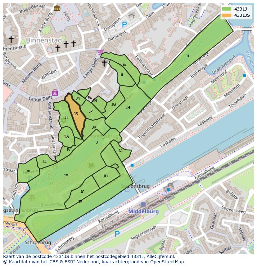 Afbeelding van het postcodegebied 4331 JS op de kaart.