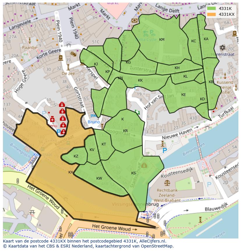 Afbeelding van het postcodegebied 4331 KX op de kaart.