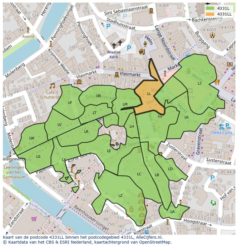 Afbeelding van het postcodegebied 4331 LL op de kaart.