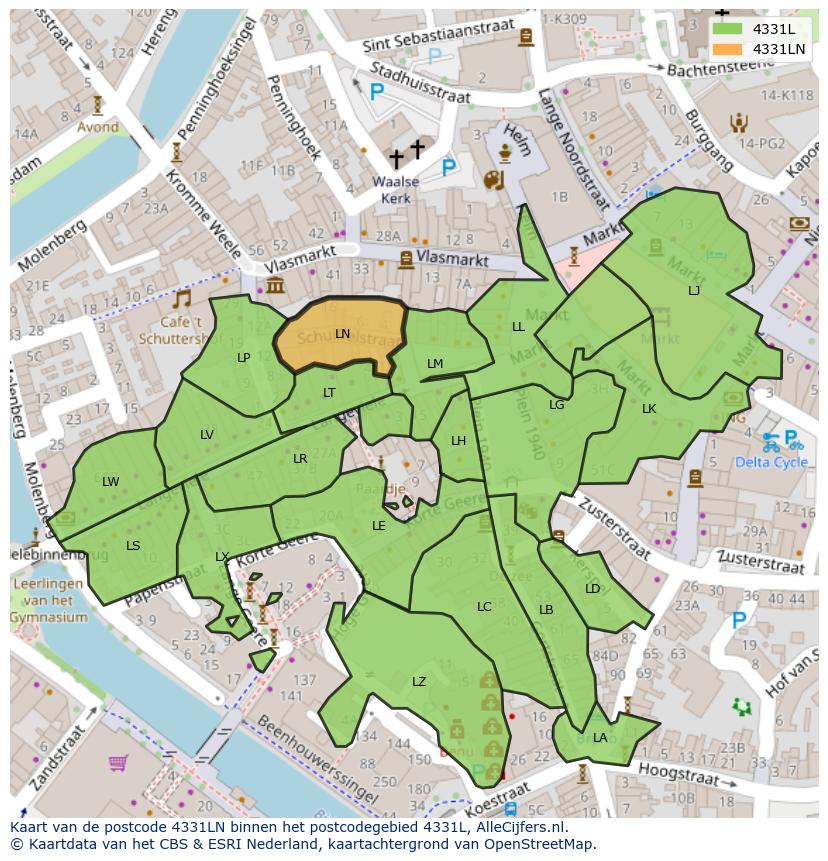 Afbeelding van het postcodegebied 4331 LN op de kaart.
