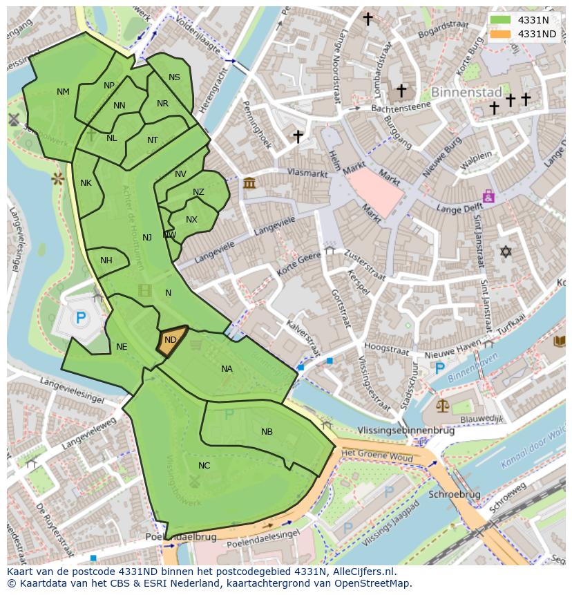 Afbeelding van het postcodegebied 4331 ND op de kaart.