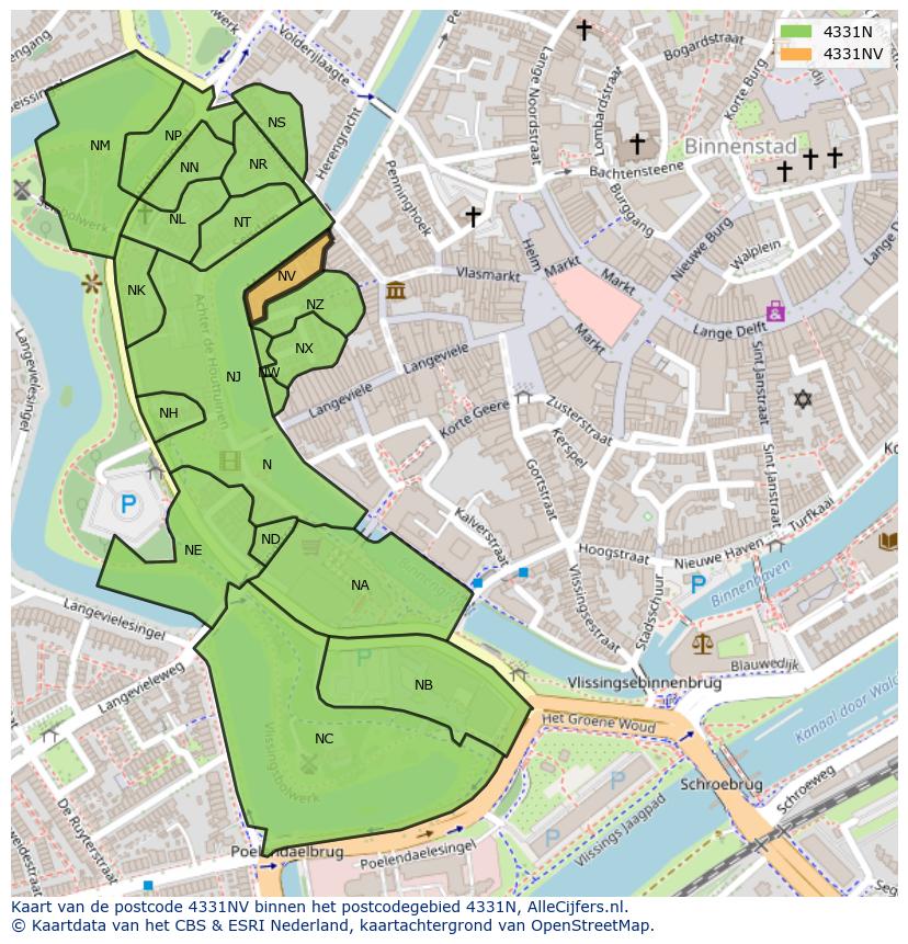 Afbeelding van het postcodegebied 4331 NV op de kaart.