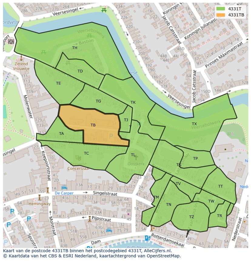 Afbeelding van het postcodegebied 4331 TB op de kaart.