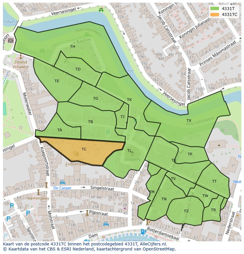 Afbeelding van het postcodegebied 4331 TC op de kaart.