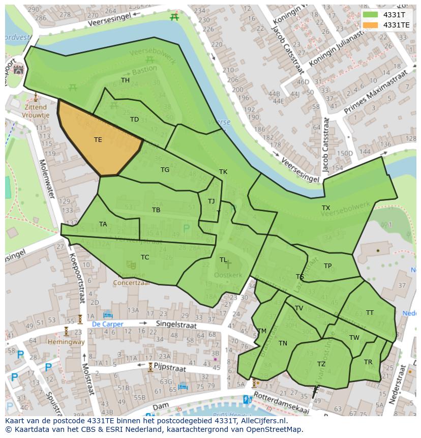 Afbeelding van het postcodegebied 4331 TE op de kaart.