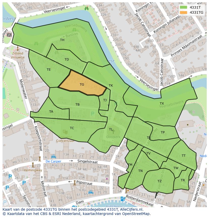 Afbeelding van het postcodegebied 4331 TG op de kaart.