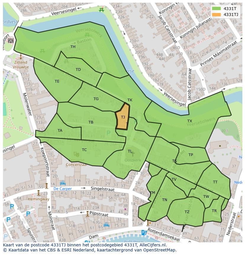 Afbeelding van het postcodegebied 4331 TJ op de kaart.