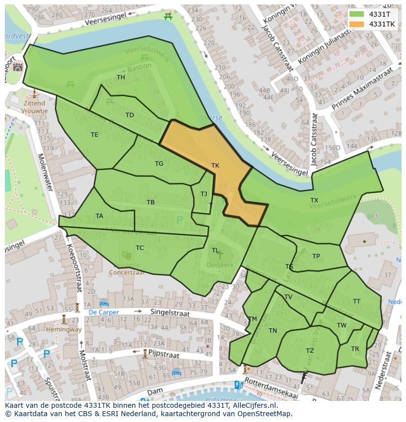 Afbeelding van het postcodegebied 4331 TK op de kaart.