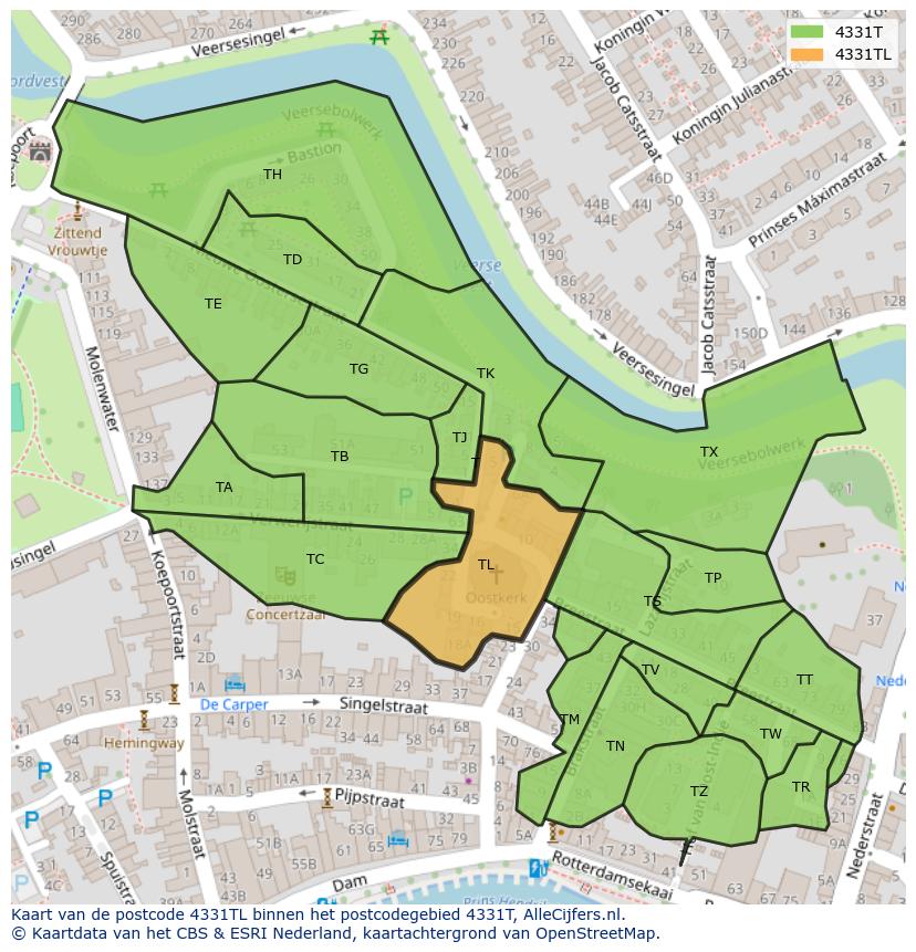 Afbeelding van het postcodegebied 4331 TL op de kaart.