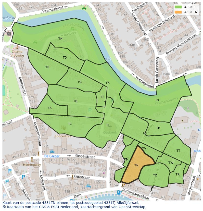 Afbeelding van het postcodegebied 4331 TN op de kaart.
