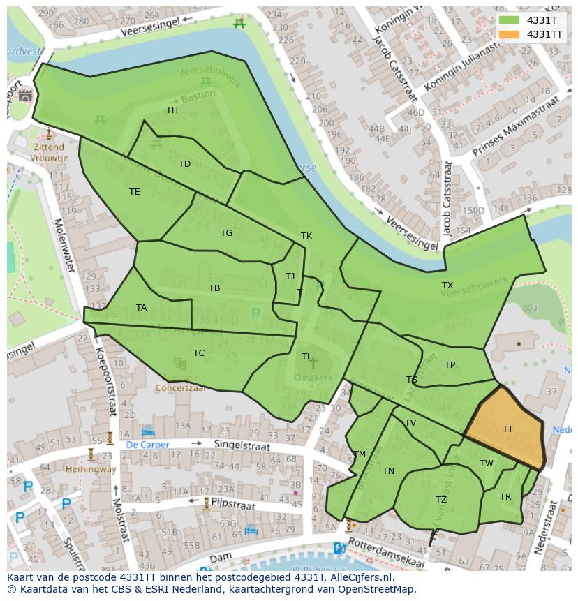 Afbeelding van het postcodegebied 4331 TT op de kaart.