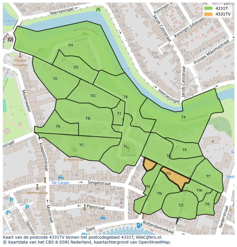 Afbeelding van het postcodegebied 4331 TV op de kaart.