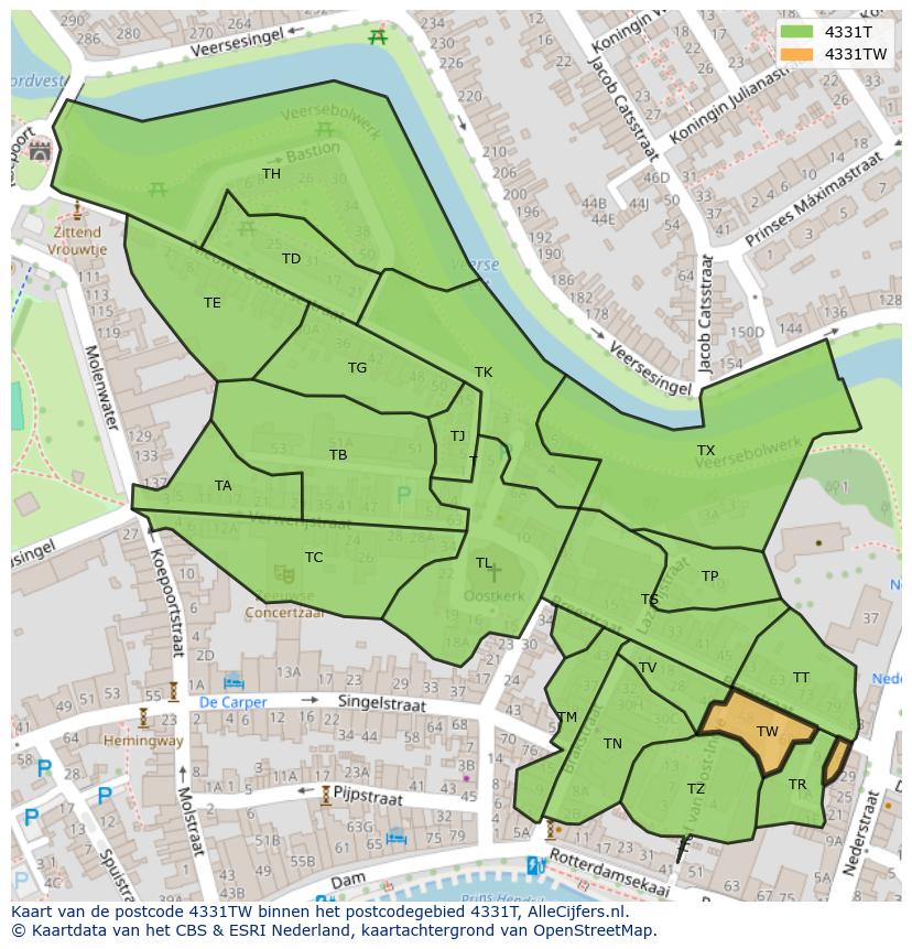 Afbeelding van het postcodegebied 4331 TW op de kaart.