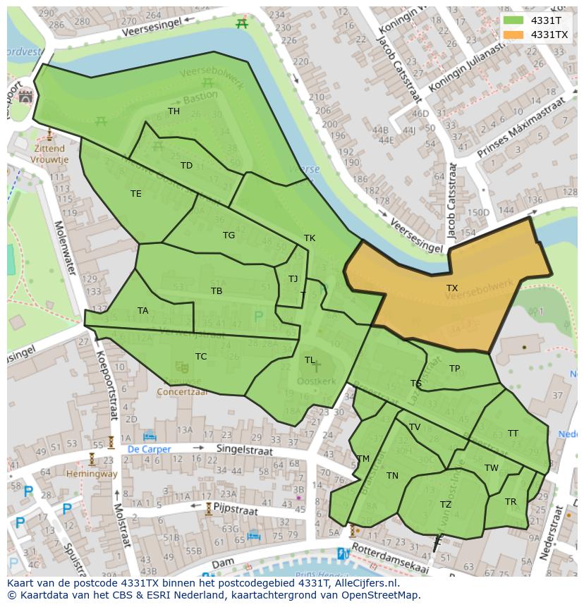 Afbeelding van het postcodegebied 4331 TX op de kaart.