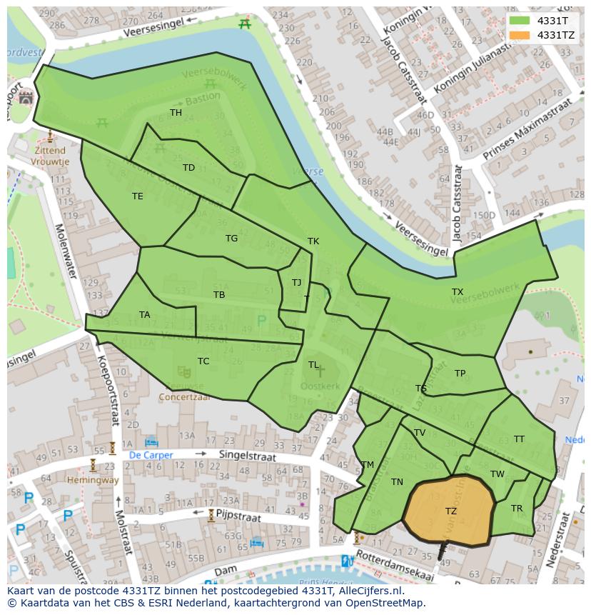 Afbeelding van het postcodegebied 4331 TZ op de kaart.