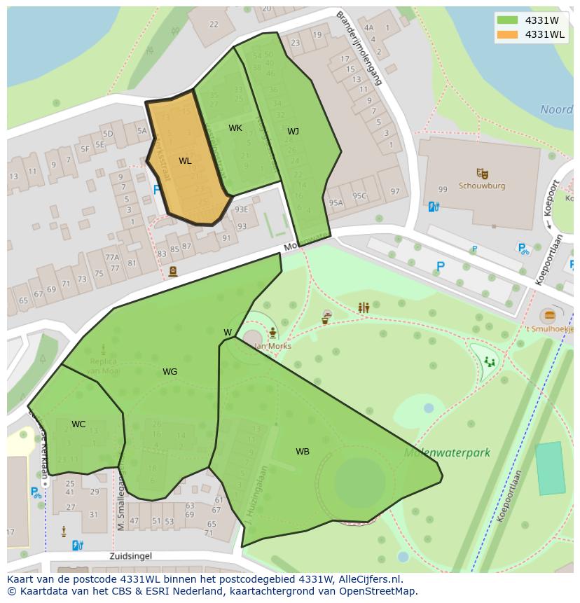 Afbeelding van het postcodegebied 4331 WL op de kaart.