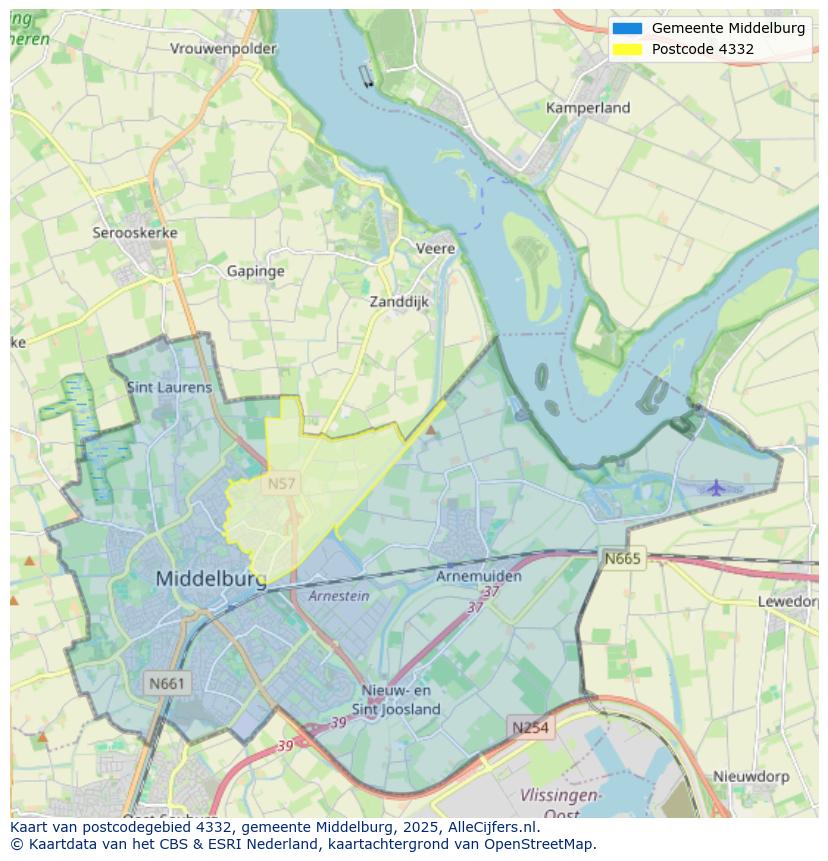 Afbeelding van het postcodegebied 4332 op de kaart.