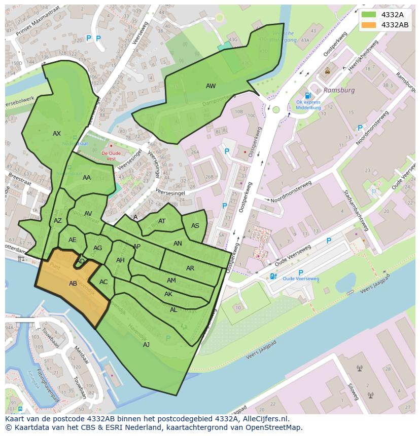 Afbeelding van het postcodegebied 4332 AB op de kaart.