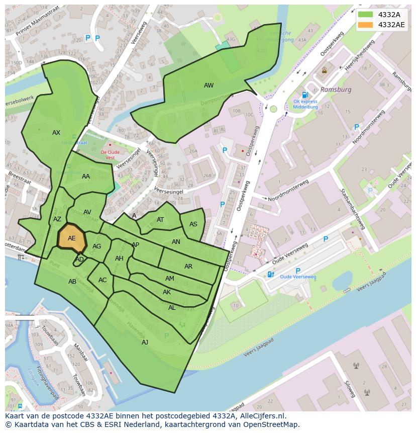 Afbeelding van het postcodegebied 4332 AE op de kaart.