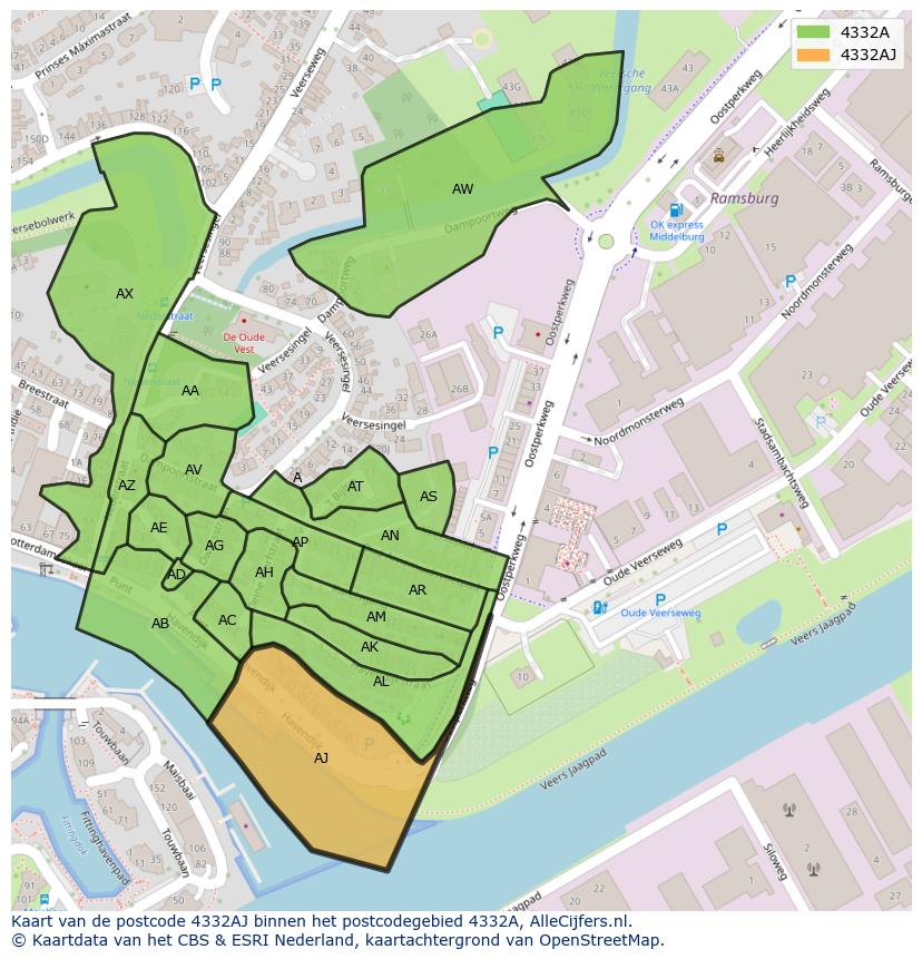 Afbeelding van het postcodegebied 4332 AJ op de kaart.