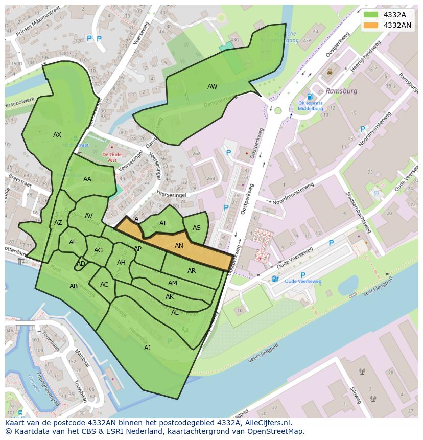 Afbeelding van het postcodegebied 4332 AN op de kaart.