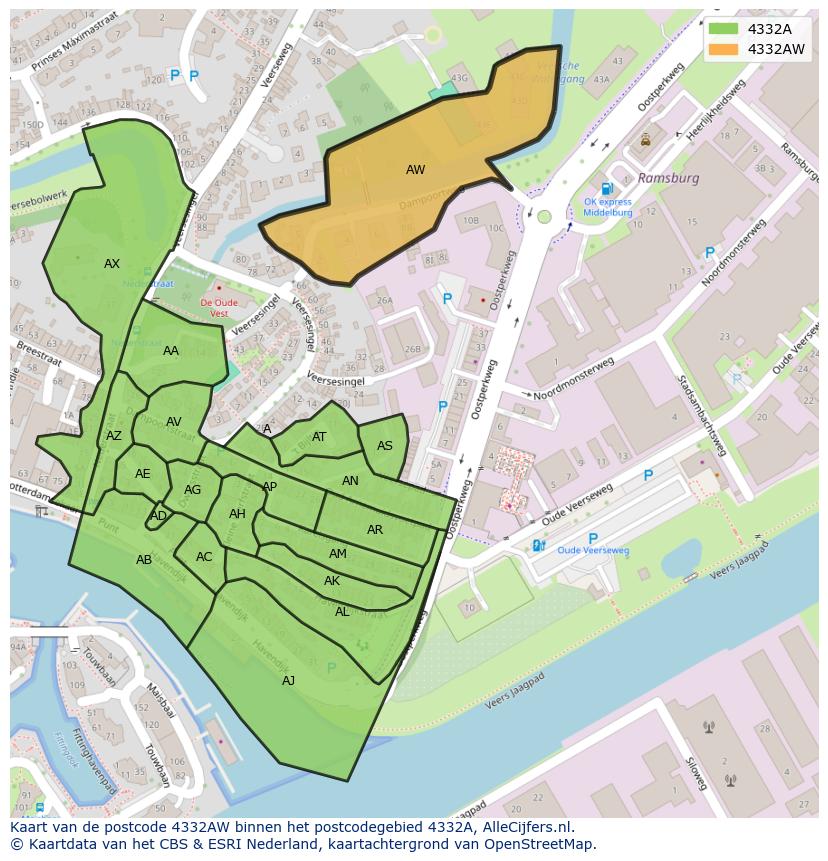 Afbeelding van het postcodegebied 4332 AW op de kaart.