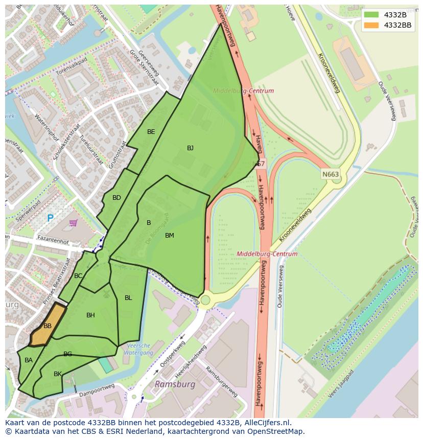 Afbeelding van het postcodegebied 4332 BB op de kaart.