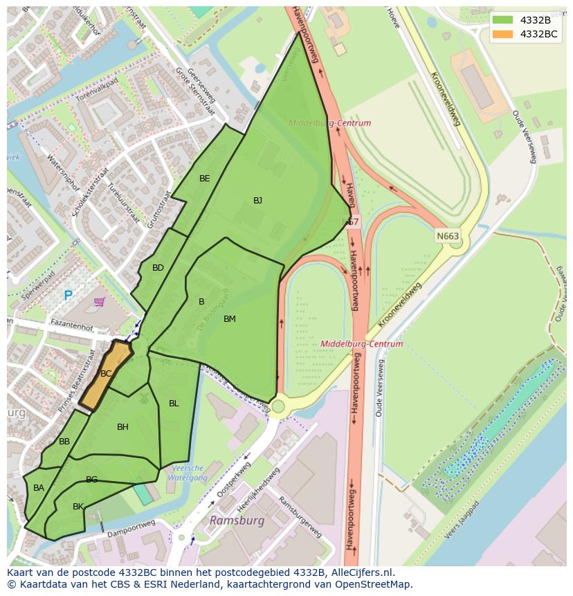 Afbeelding van het postcodegebied 4332 BC op de kaart.
