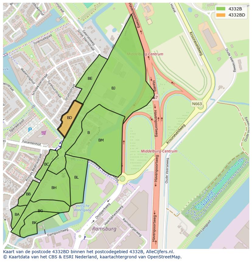 Afbeelding van het postcodegebied 4332 BD op de kaart.