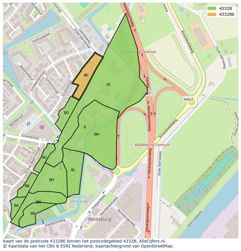 Afbeelding van het postcodegebied 4332 BE op de kaart.