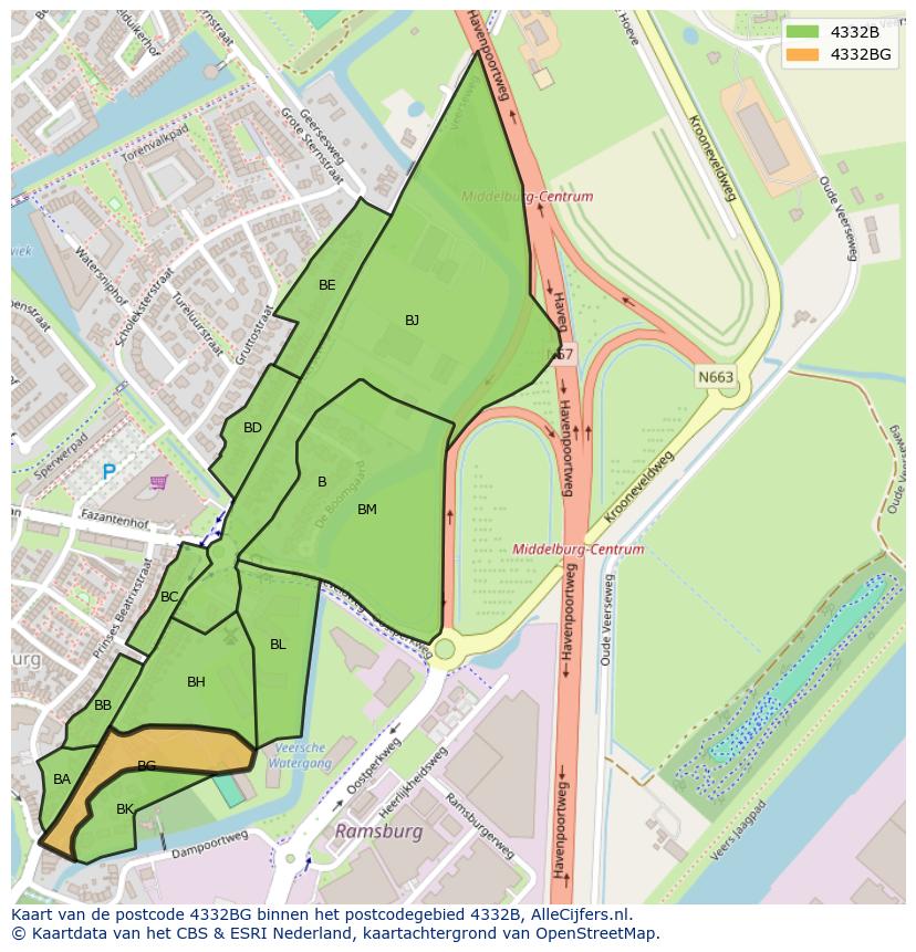 Afbeelding van het postcodegebied 4332 BG op de kaart.