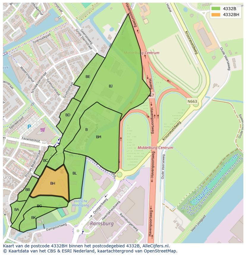 Afbeelding van het postcodegebied 4332 BH op de kaart.