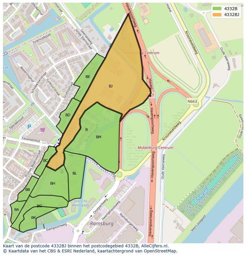 Afbeelding van het postcodegebied 4332 BJ op de kaart.