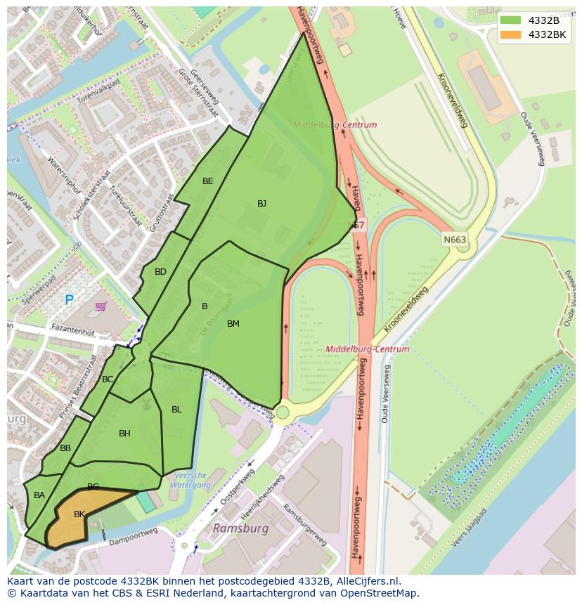 Afbeelding van het postcodegebied 4332 BK op de kaart.