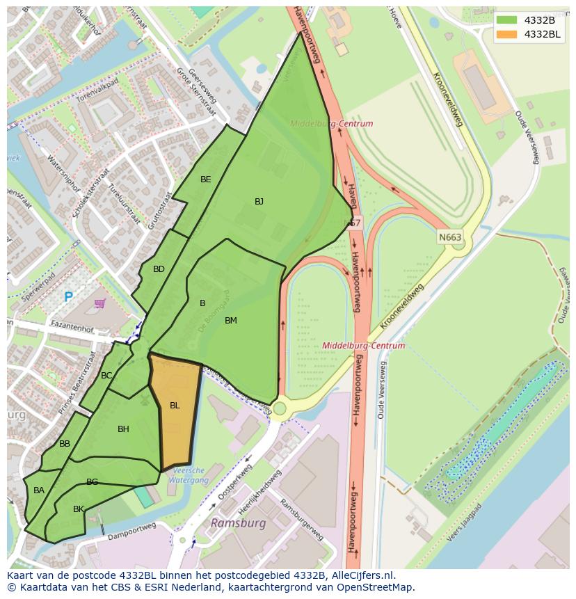 Afbeelding van het postcodegebied 4332 BL op de kaart.