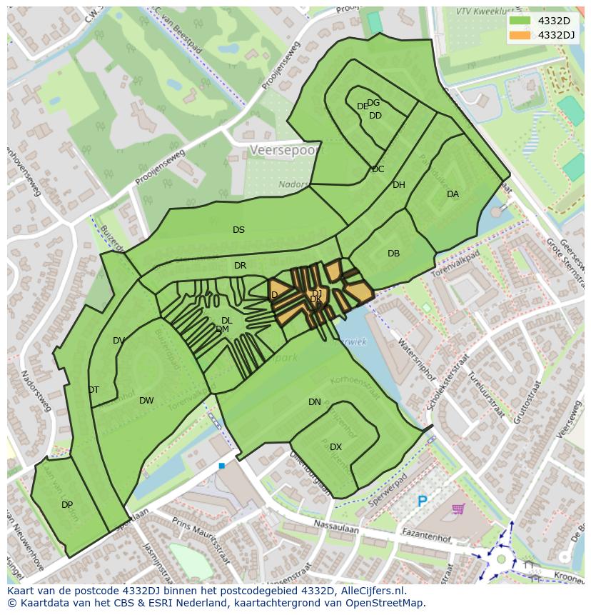 Afbeelding van het postcodegebied 4332 DJ op de kaart.
