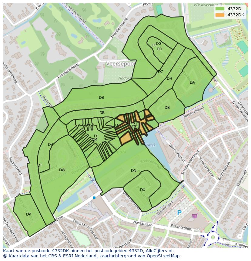 Afbeelding van het postcodegebied 4332 DK op de kaart.