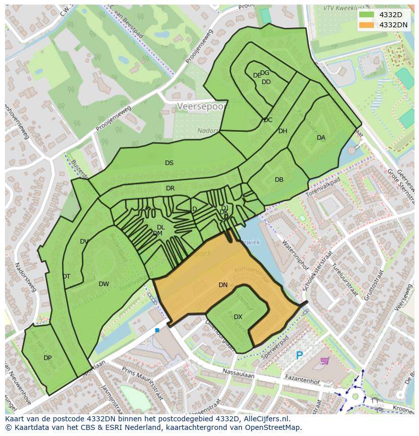 Afbeelding van het postcodegebied 4332 DN op de kaart.