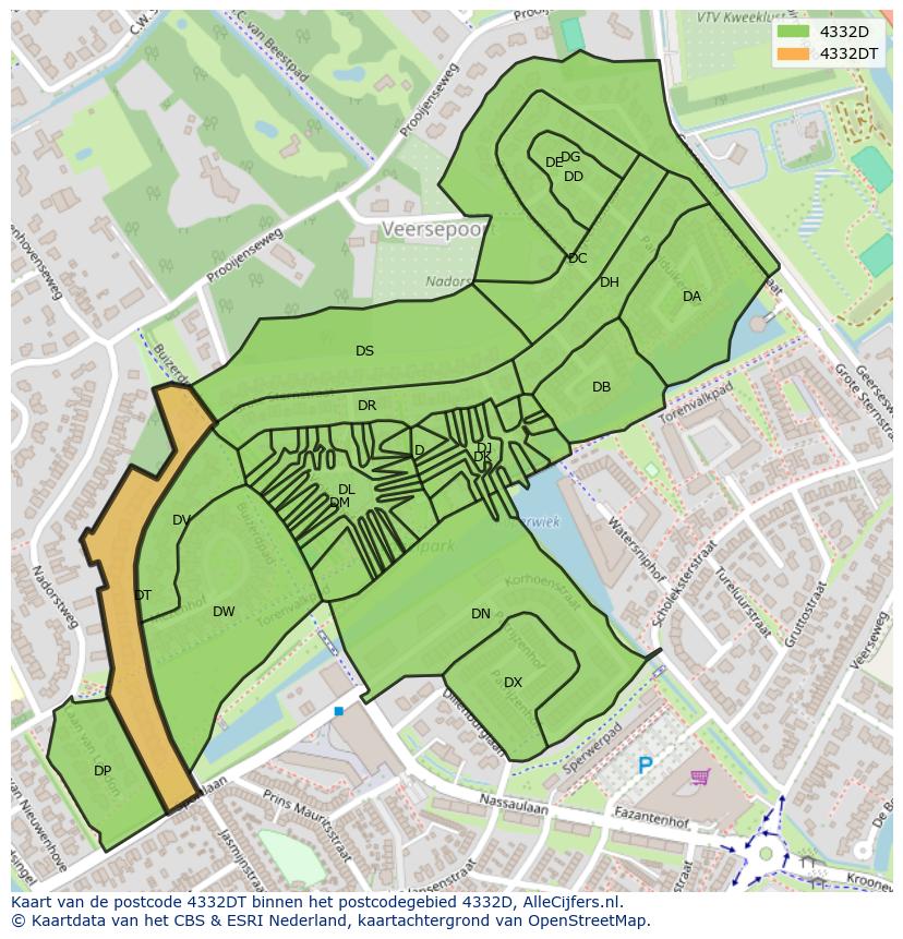 Afbeelding van het postcodegebied 4332 DT op de kaart.