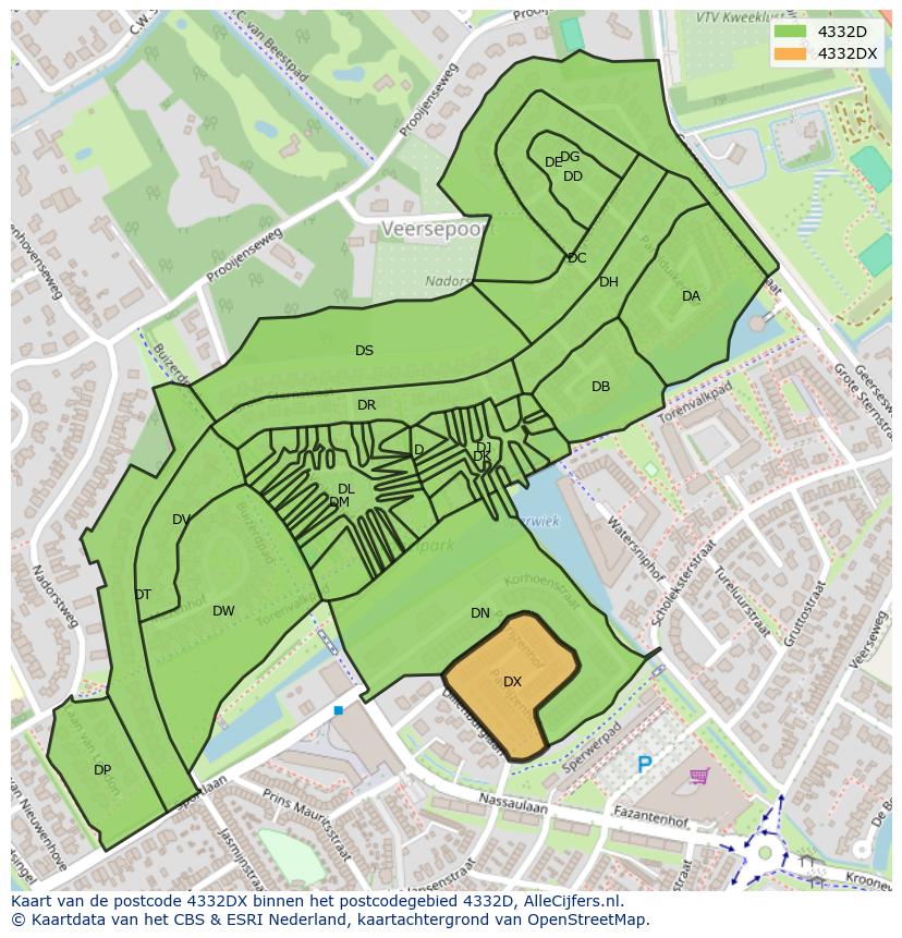Afbeelding van het postcodegebied 4332 DX op de kaart.