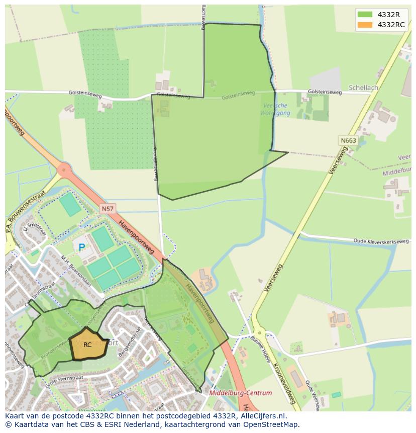 Afbeelding van het postcodegebied 4332 RC op de kaart.