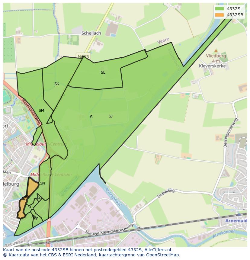 Afbeelding van het postcodegebied 4332 SB op de kaart.