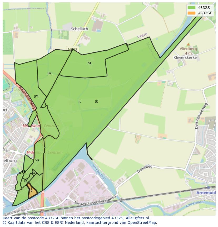 Afbeelding van het postcodegebied 4332 SE op de kaart.